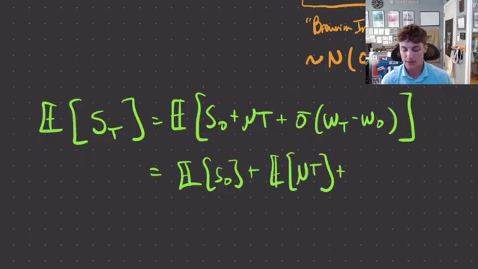 ABM 解的期望推導(截圖出自原片(Roman Paolucci,2026):對 $S_T = S_0 + \mu T + \sigma(W_T - W_0)$ 逐項取期望,隨機項歸零)