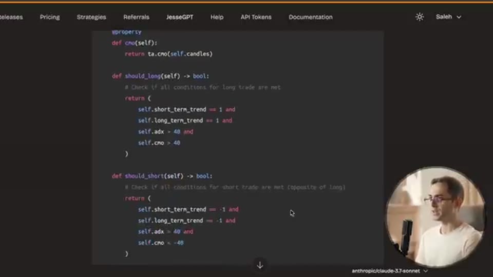 Jesse 策略代碼:should_long 與 should_short 進場條件(截圖出自原片 Algo-trading with Saleh)