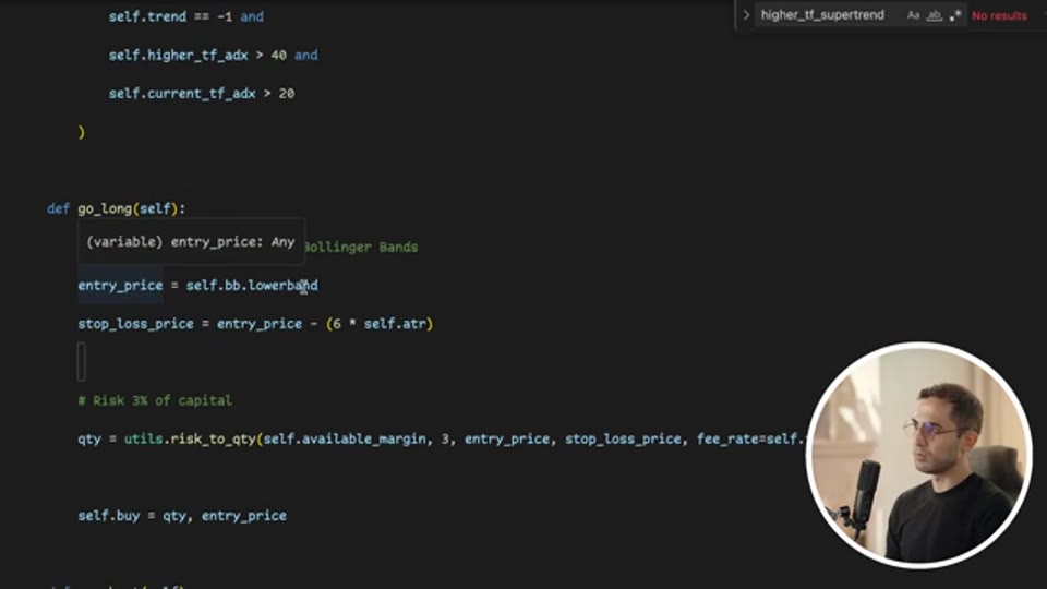 Jesse 策略代碼：go_long 函數（截圖出自原片 Algo-trading with Saleh）