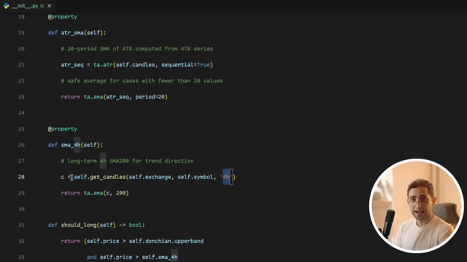 講者在 VS Code 逐行覆核 LLM 生成的策略代碼（截圖出自原片（Algo-trading with Saleh））