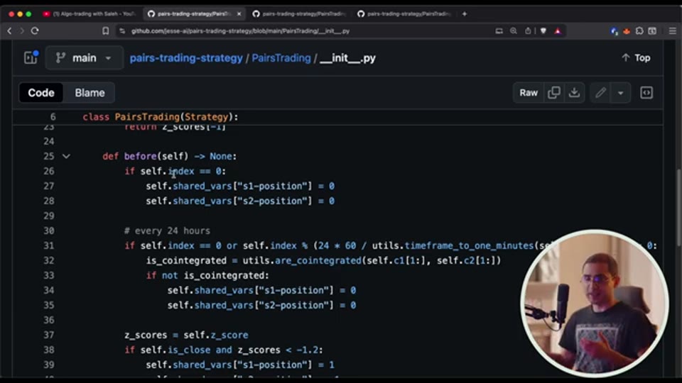 策略的 before() 方法與協整檢定代碼（截圖出自原片（Algo-trading with Saleh））