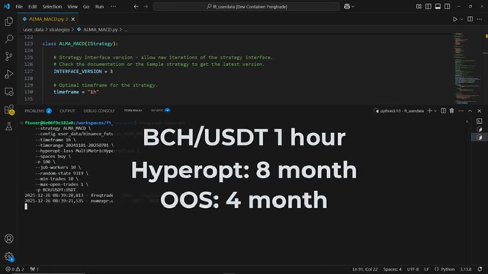 VS Code 中的 Freqtrade hyperopt 指令：BCH/USDT、1 小時圖、8 個月調參期