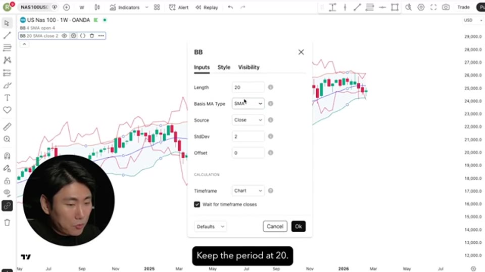 雙布林帶設定：TradingView 內兩條 Bollinger Bands，圖例可見 BB 4 SMA open 4 及 BB 20 SMA close 2