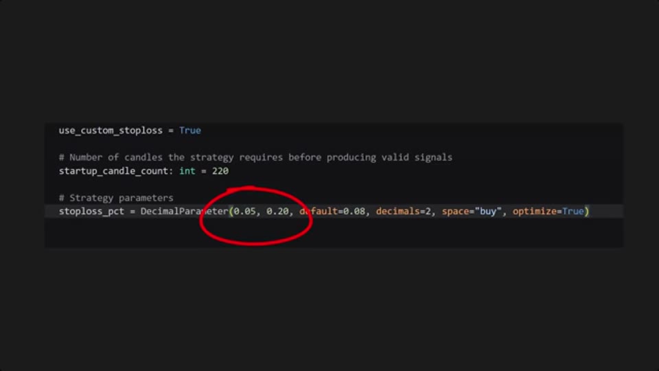 止蝕參數的優化代碼：DecimalParameter(0.05, 0.20, default=0.08)