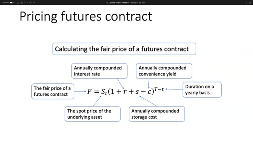 期貨合約公平價格的計算:F = S_t(1+r+s−c)^{T−t},五個組成部分分別是期貨公平價、現貨價、年度複利利率、倉儲成本與便利收益(截圖出自原片(Liu Peng))