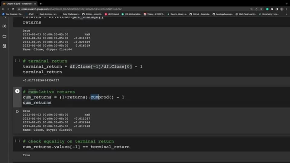 cumprod 計算累積回報，並用 cum_returns.values[-1] == terminal_return 驗證兩法結果相等（截圖出自原片（Liu Peng））