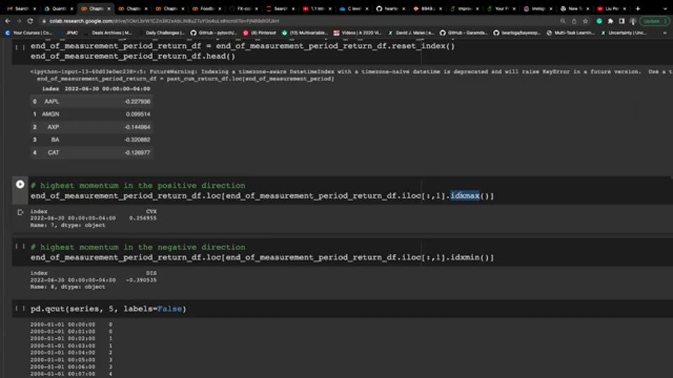 量度期末的六個月累積回報表，配合 idxmax、idxmin 與 qcut 分組（截圖出自原片（Liu Peng））