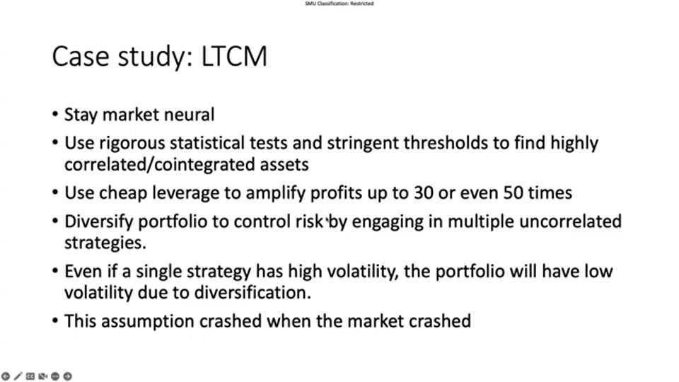 LTCM 個案下半部:市場中性、嚴格檢定、30 至 50 倍槓桿、依賴歷史相關性的分散假設最終崩潰(截圖出自原片(Liu Peng))
