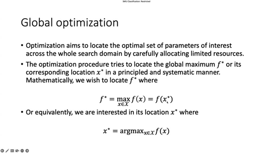 原片講義：全局最大值 $f^* = \max_{x \in \mathcal{X}} f(x)$ 與其位置 $x^* = \arg\max$ 的定義（截圖出自原片（Liu Peng））